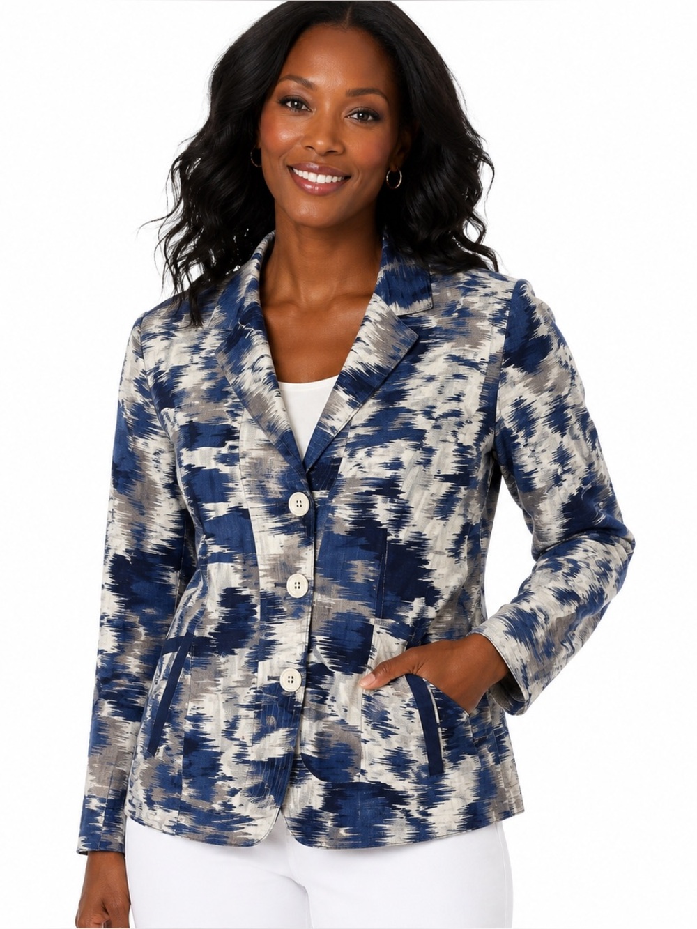 Coldwater Creek Blue Ikat Linen Blend Blazer Jacket Pockets Medium